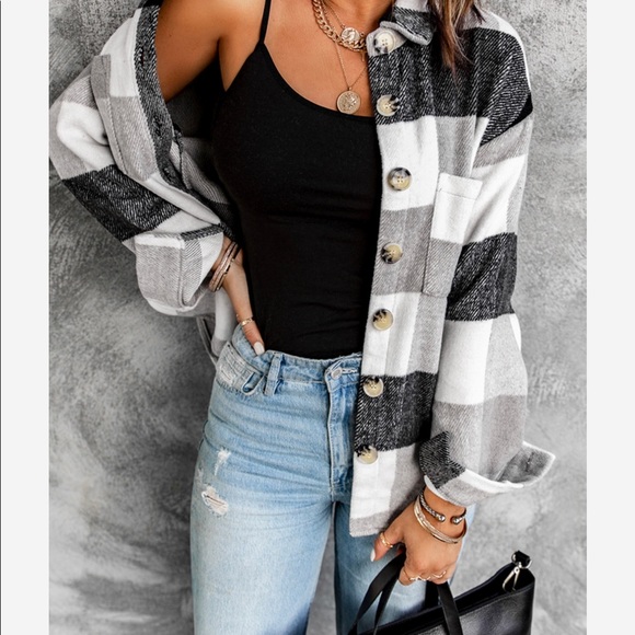 1 Left! Gray/Black/White Plaid Print Buttoned Shirt Jacket - Picture 2 of 7